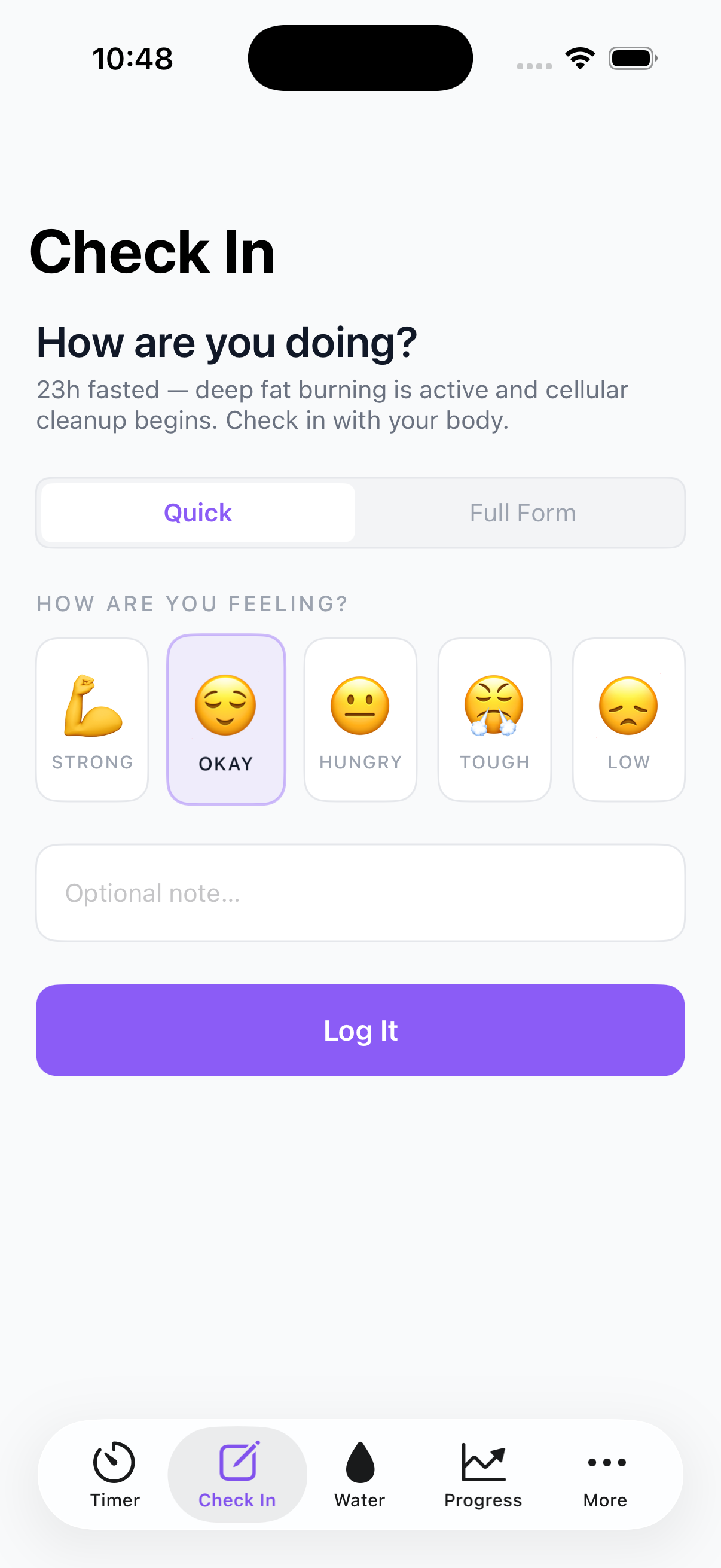 Check-in with mood emojis and personal notes