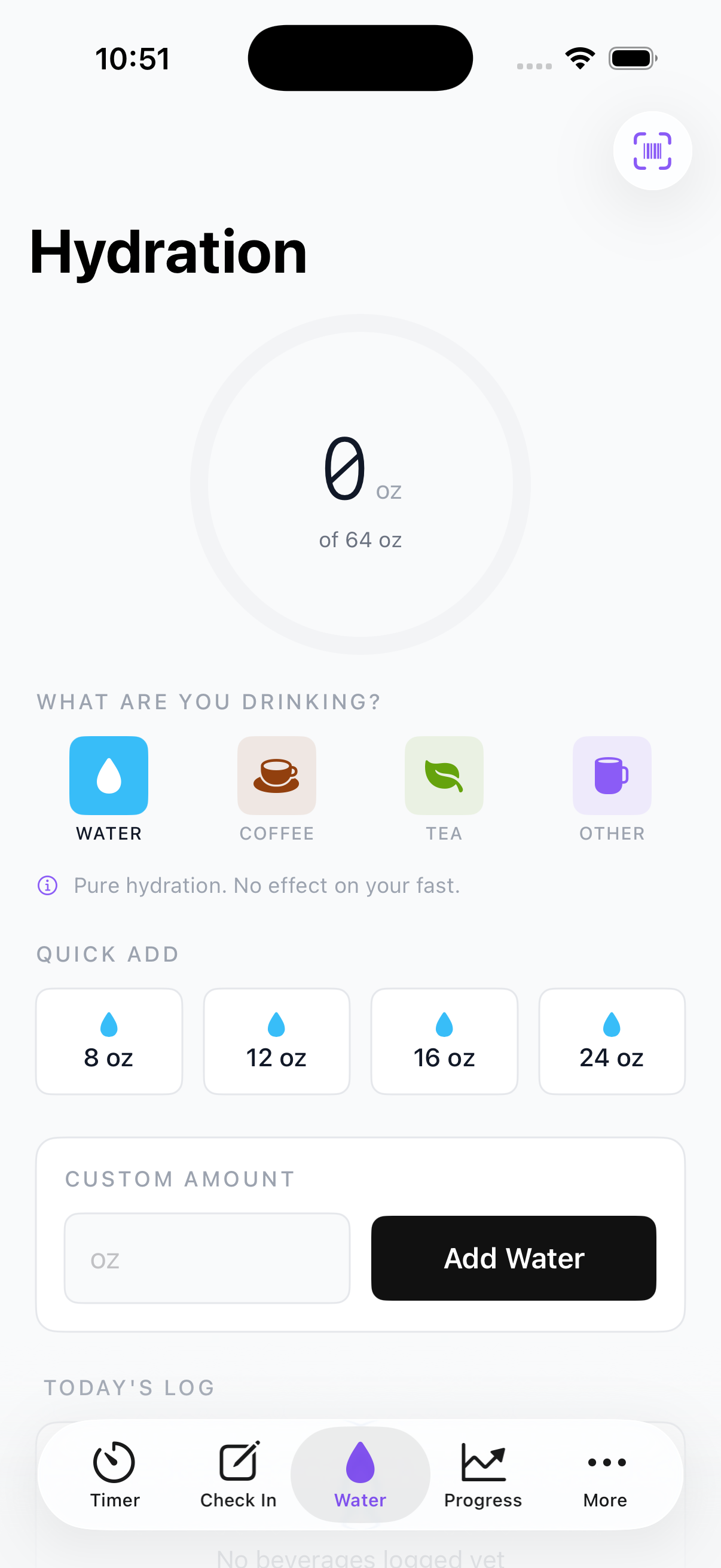 Water tracking with quick-add and beverage types