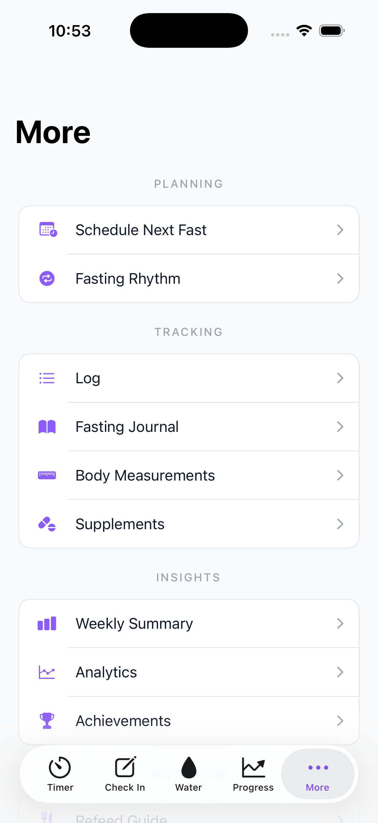 14 features organized into Planning, Tracking, Insights, Nutrition, Personal sections